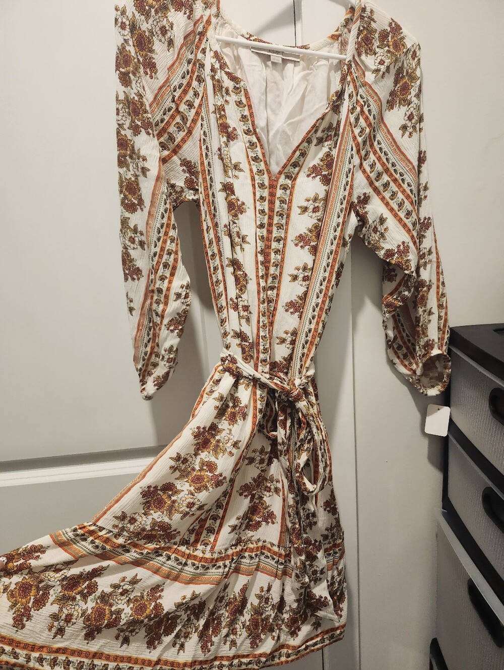 LOFT Floral Stripe Tie-Waist Midi Dress in Cream and Rust - Picture 2 of 5